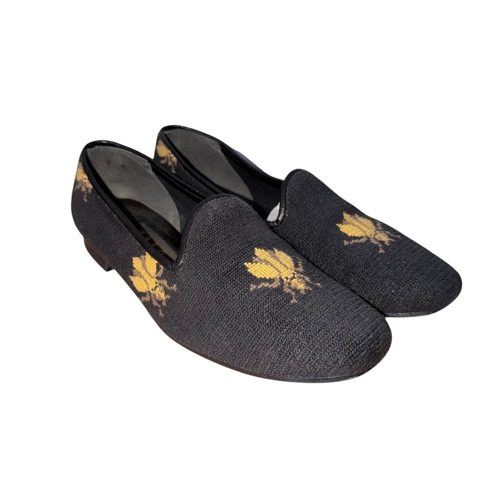 Zalo black needlepoint bee novelty loafers womens 9 leather soles quirky artsy